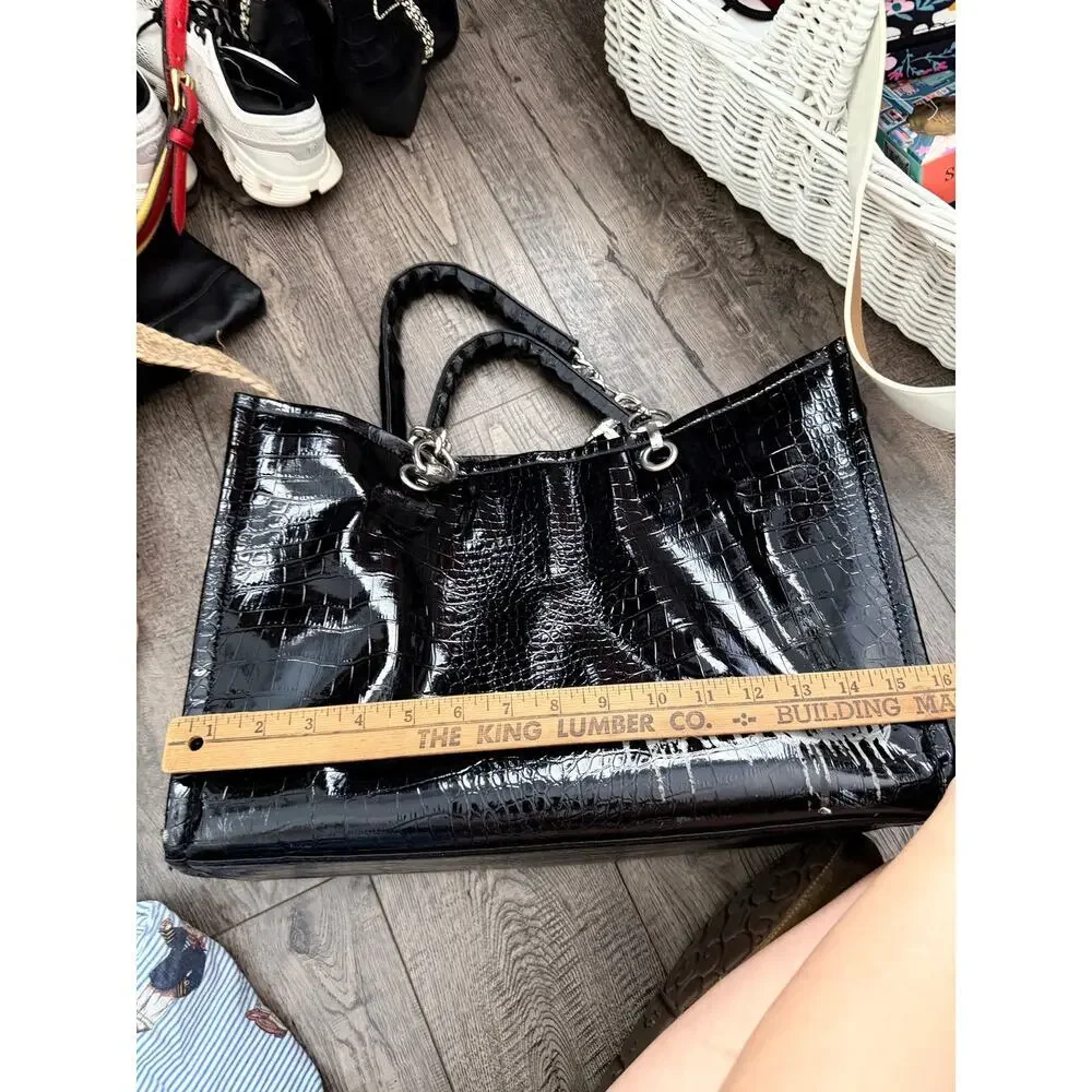 Karl Lagerfeld Handbag Black Croc Patent Leather Chain-Link Handles Tote